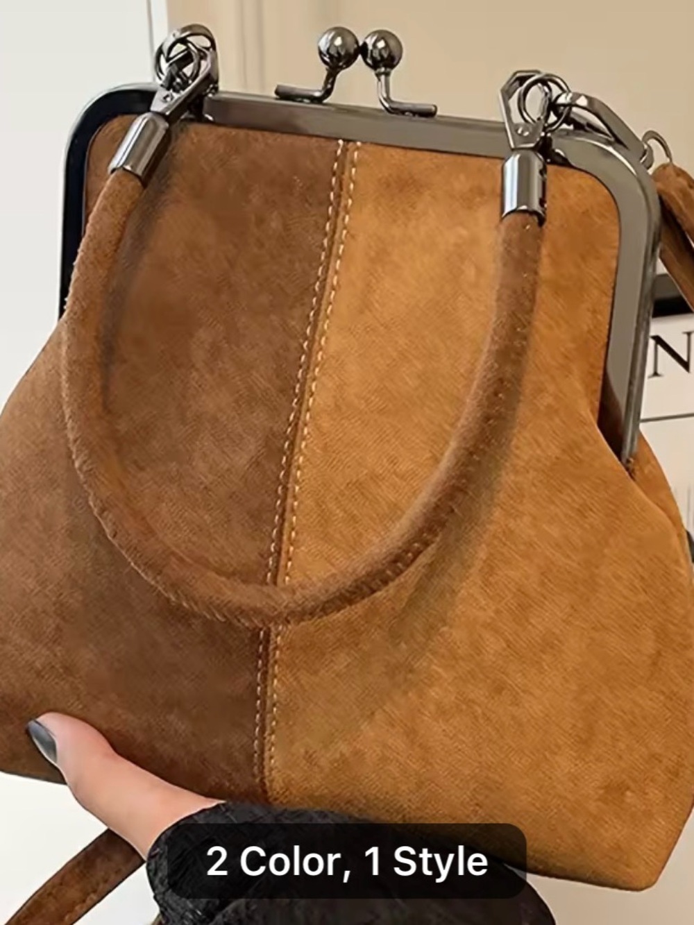 Suede Kiss-Lock Top Handle Bag - Brown